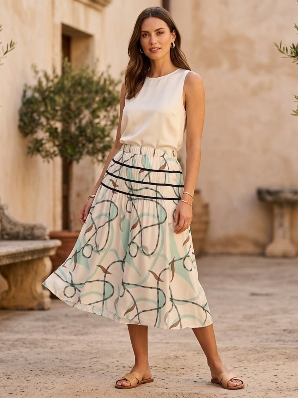 ASOS Cream Midi Skirt with Mint & Brown Abstract Print